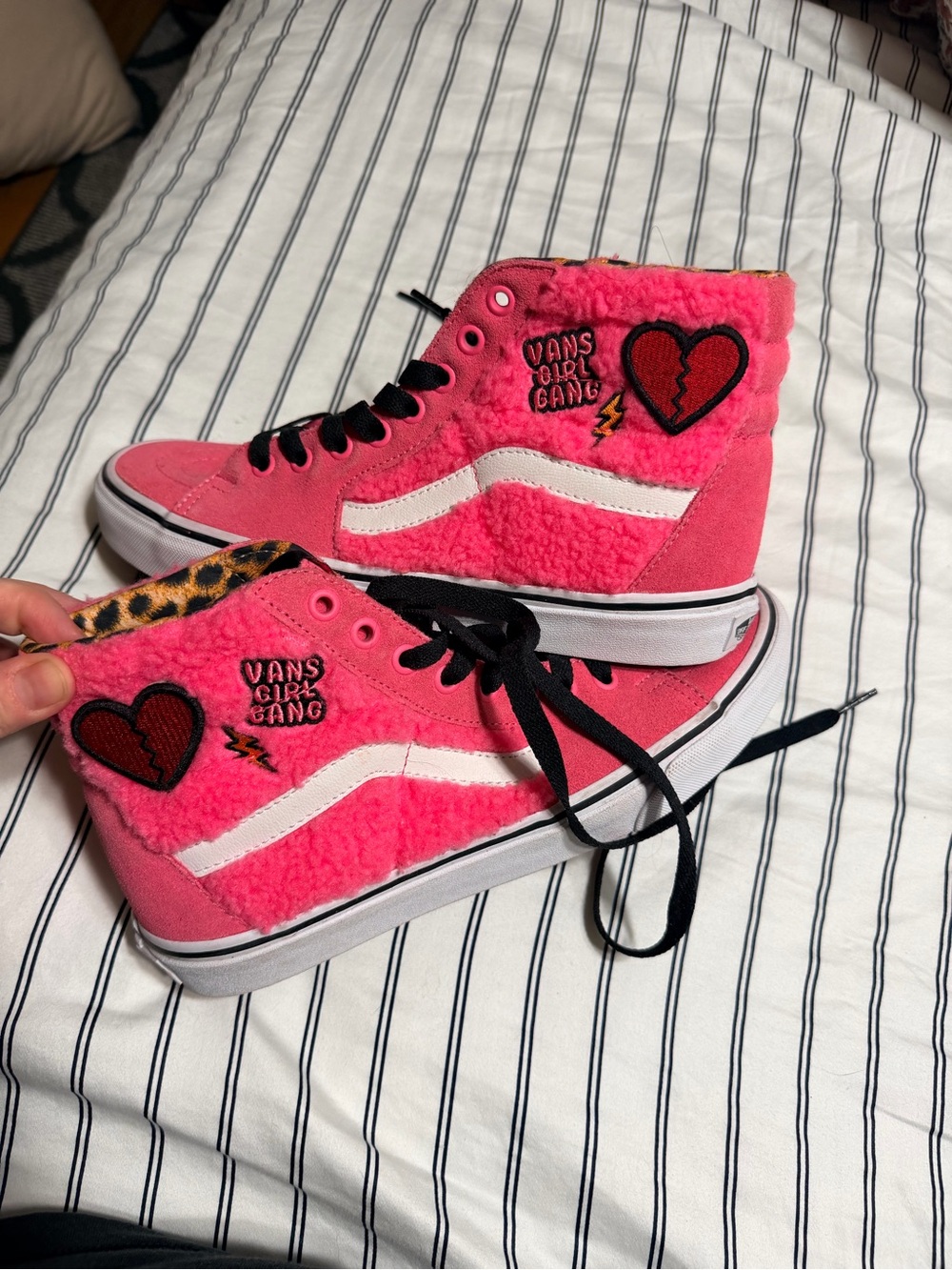 Vans “Girl Gang” Pink High-Top Sneakers with Black Laces and Leopard Lining